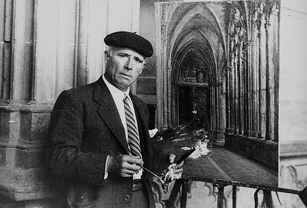 Jesús Basiano pintando en la catedral de Pamplona en 1955
