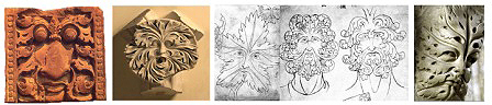 Máscaras vegetales de: templo jainista (Rajastán, India), s. VIII. Abadía de Cluny (Francia), siglo XIII. Tres dibujos de V. de Honnecourt. Catedral de Bamberg (Alemania), s. XIII