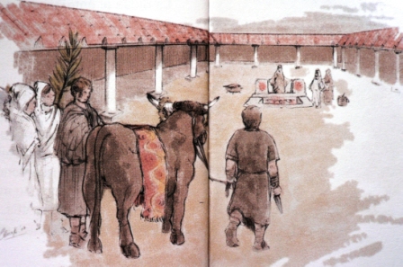 Procesión previa al rito del taurabolio (Foto: Paneles expositivos de la villa de Arellano.  Gabinete Trama)