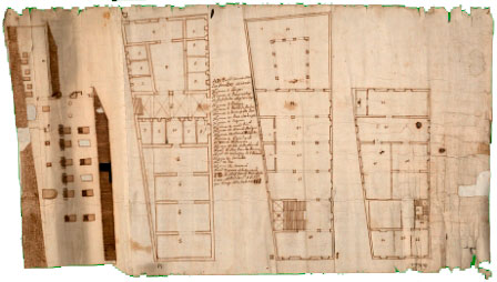 Casa consistorial de Pamplona. Plantas de sótano, baja y primera; y alzado de la fachada lateral