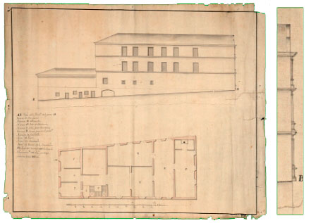Casa consistorial de Pamplona. Planta de sótano y alzado fachada lateral