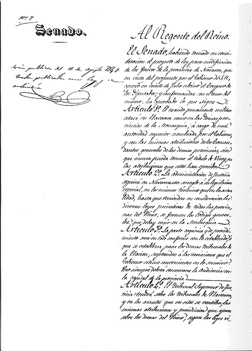 Reproducción facsímil de la Ley Paccionada publicada por el Ministerio de Justicia en Ley Paccionada de Navarra de 1841.