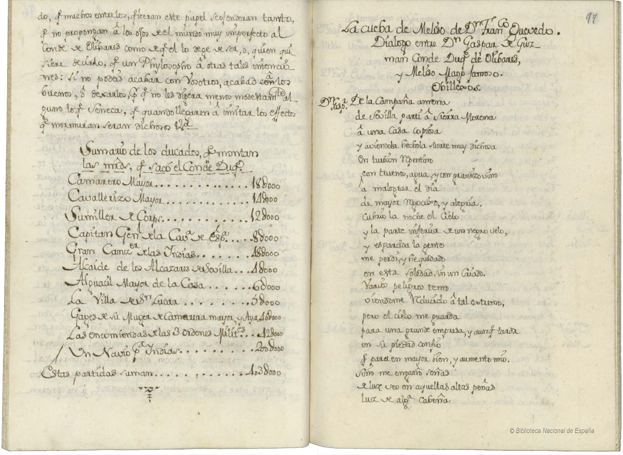 «La cueva de Meliso, Diálogo entre don Gaspar de Guzmán, conde Duque de Olivares y Meliso, mago famoso», en Papeles referentes al Conde Duque de Olivares, Ms. 2311 de la BNE, fol. 97r